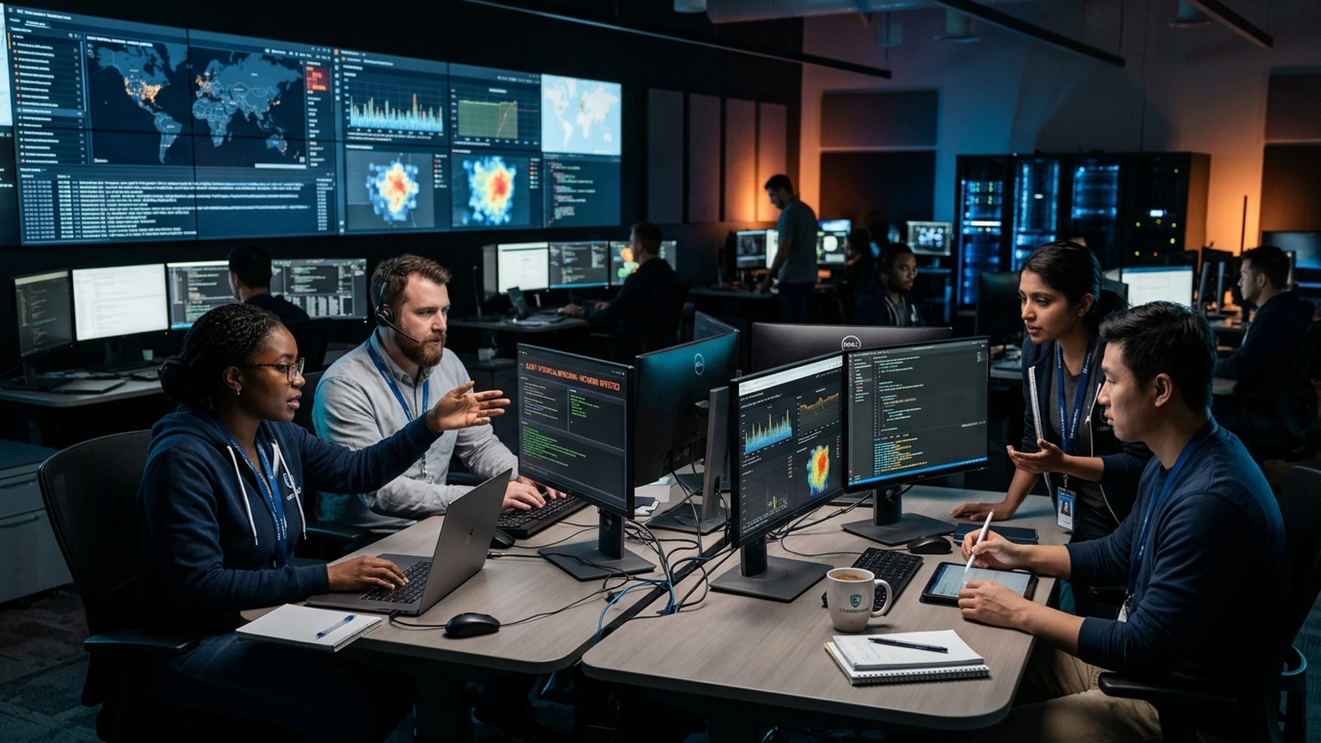 Photograph of software engineering and cybersecurity operations team collaborating at multi-monitor workstations in a modern security operations center