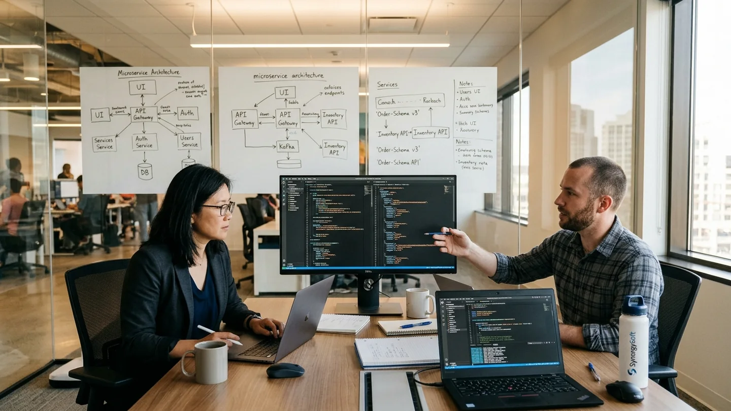 TheWebSolve software architects and senior engineers reviewing enterprise microservices systems architecture